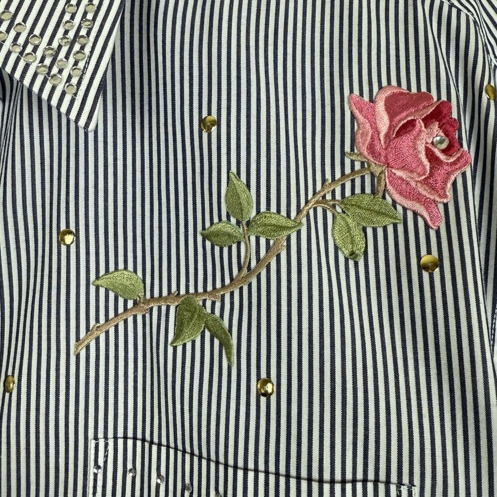 Cactus California Vtg 90s Shirt Women’s L/XL Blue White Stripe Embroidered Rose - Picture 7 of 14
